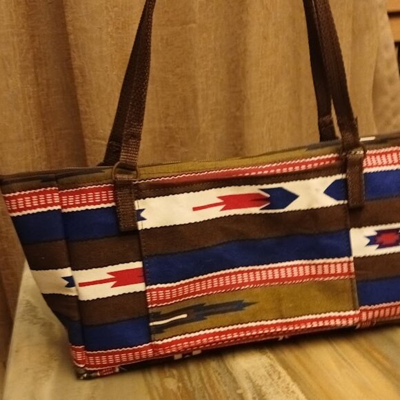 New Western Canvas Double handle Satchel Purse Shoulder Bag Red White Blue Brown - Picture 4 of 8
